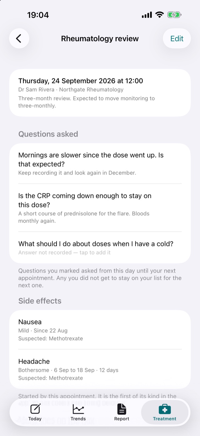 A past rheumatology review opened as a record: three questions marked asked, two with the answer written in, then the side effects around that appointment with their dates.