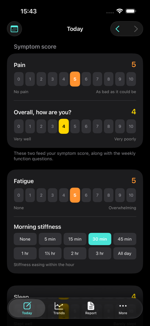 The daily check-in, showing pain and overall status on 0 to 10 scales.